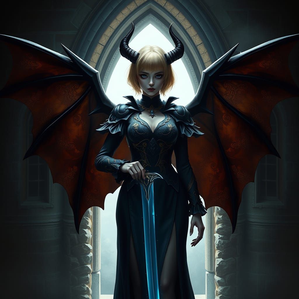 Gothic Horned Woman with Sword and Wings