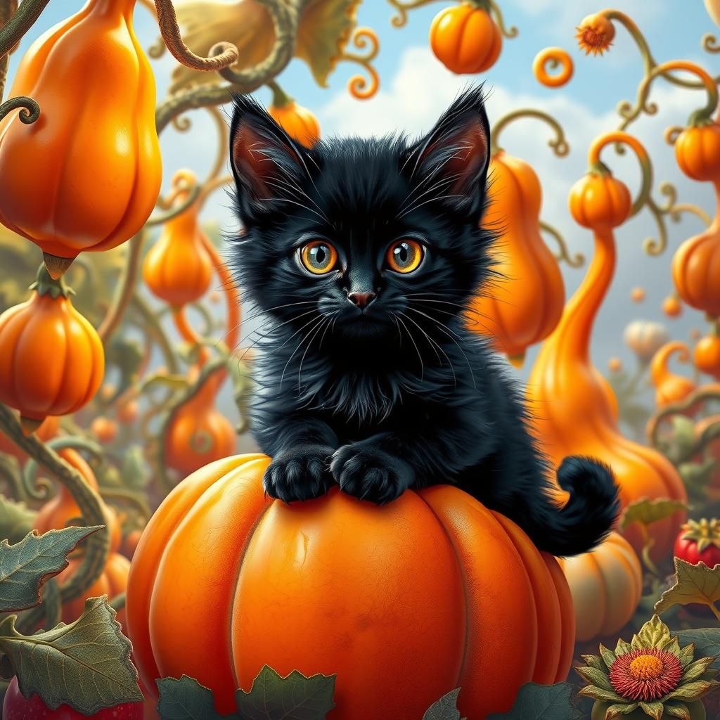 Kitten in Gourd Garden: Psychedelic Digital Art