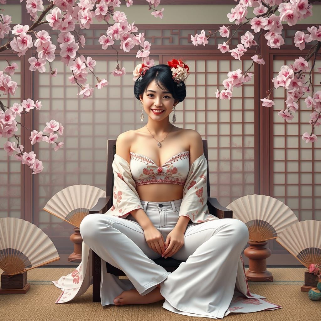 Geisha in Modern Clothing Surrounded by Tradition