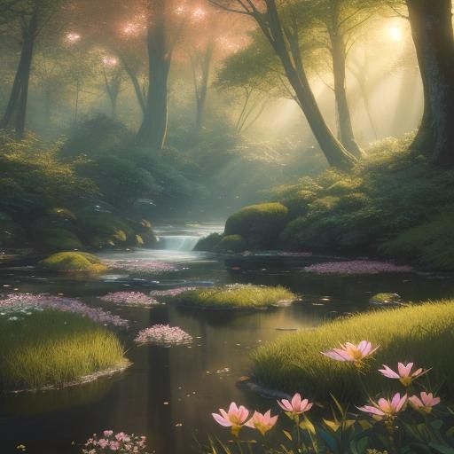 Anime Girl in Forest at Sunrise, 3D Render