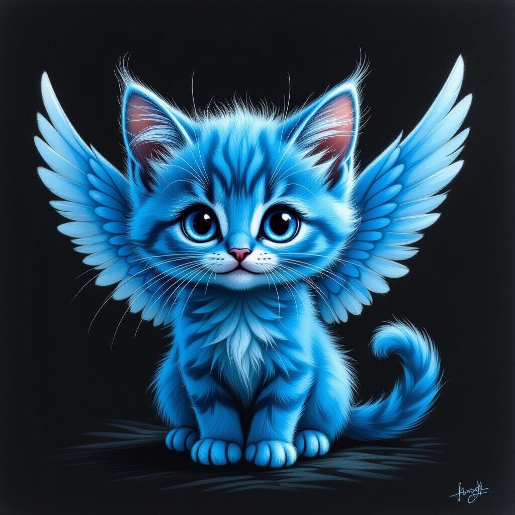 Whimsical Blue Kitten with Wings Charcoal Drawing