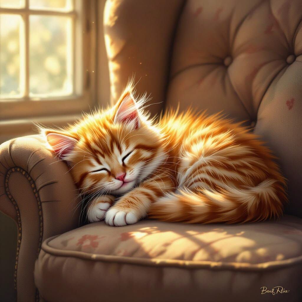 Fluffy Ginger Kitten Asleep in Sunlit Armchair