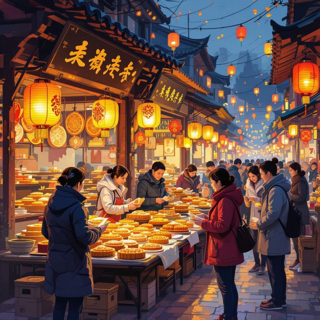 Vibrant Moon Cake Market Scene with Lanterns