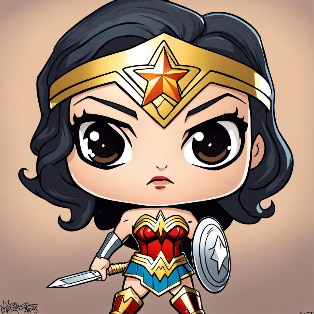 Chibi Wonder Woman Battles Villains with Exaggerated Feature...
