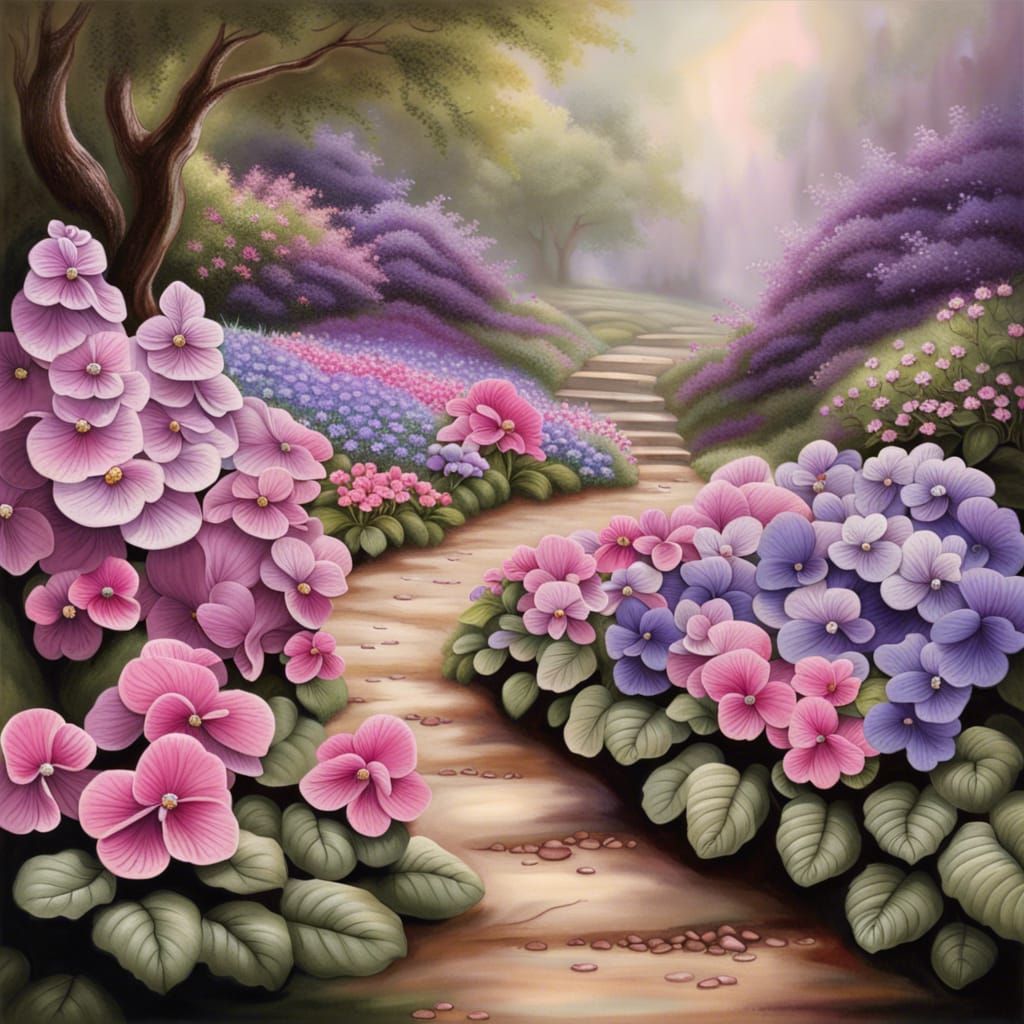 Romantic Garden Path with Violets in Bloom