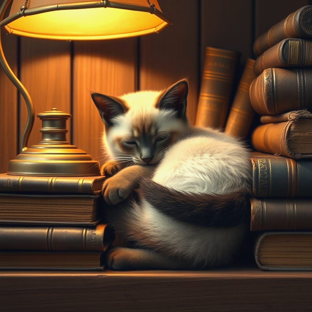 Peaceful Siamese Kitten on a Wooden Library Shelf