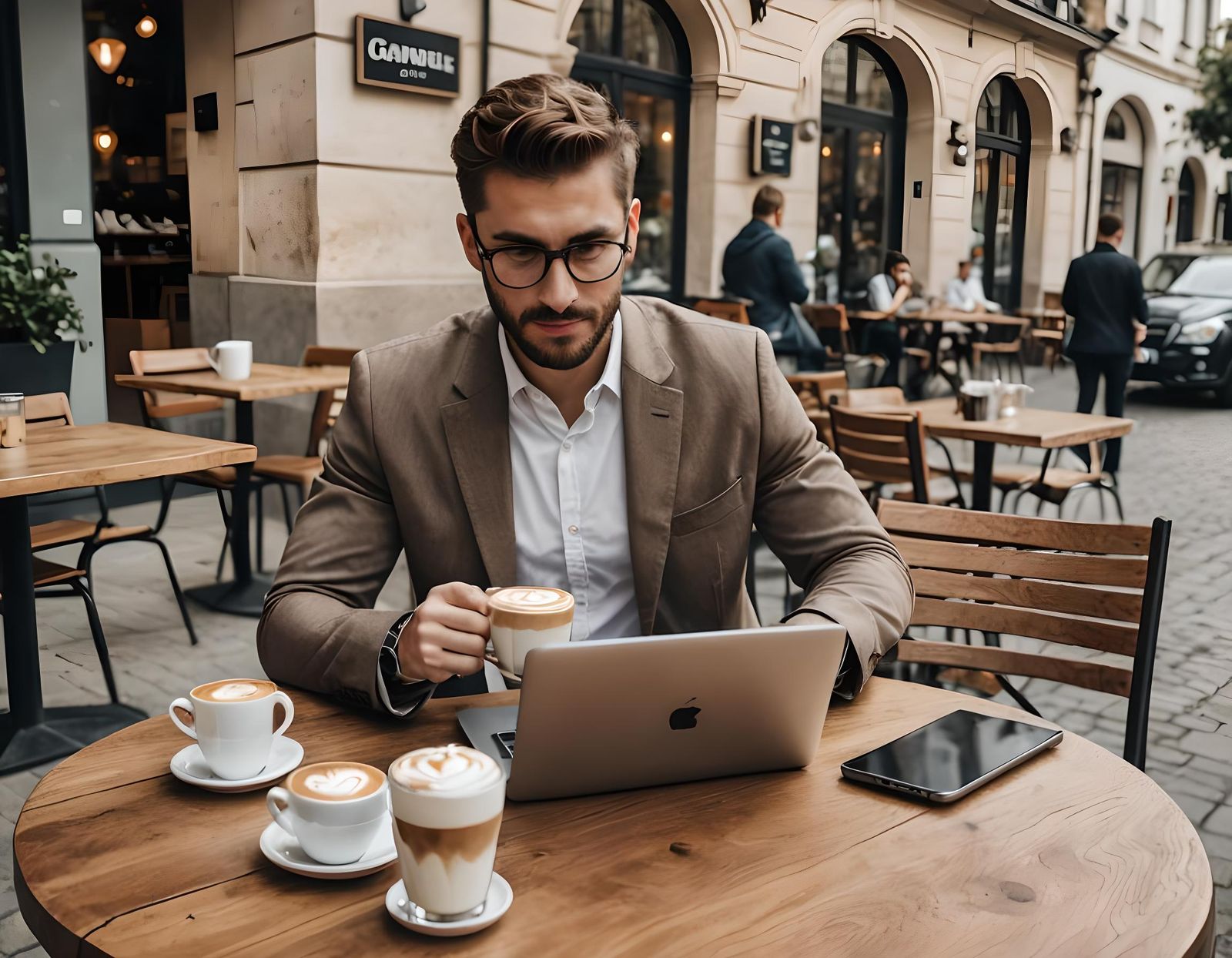 Young Businessman Working Online at Cafe