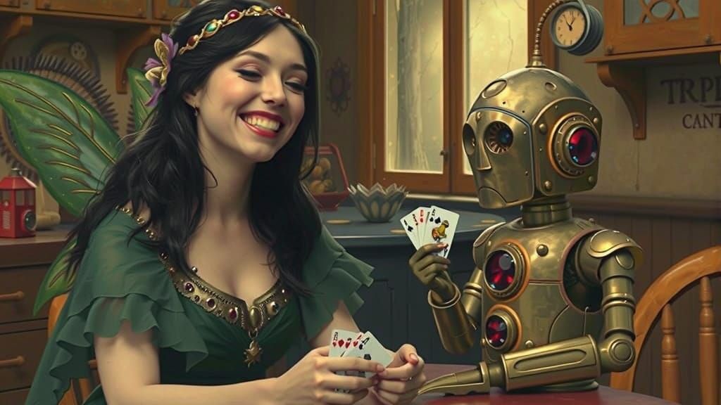 Fairy and Robot Play Cards in Enchanted Forest