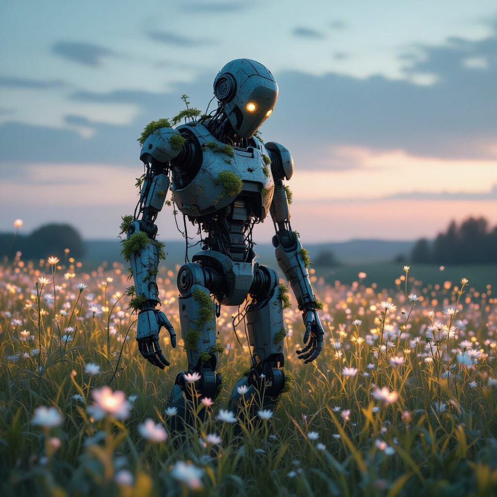Weathered Robot in Glowing Wildflower Field