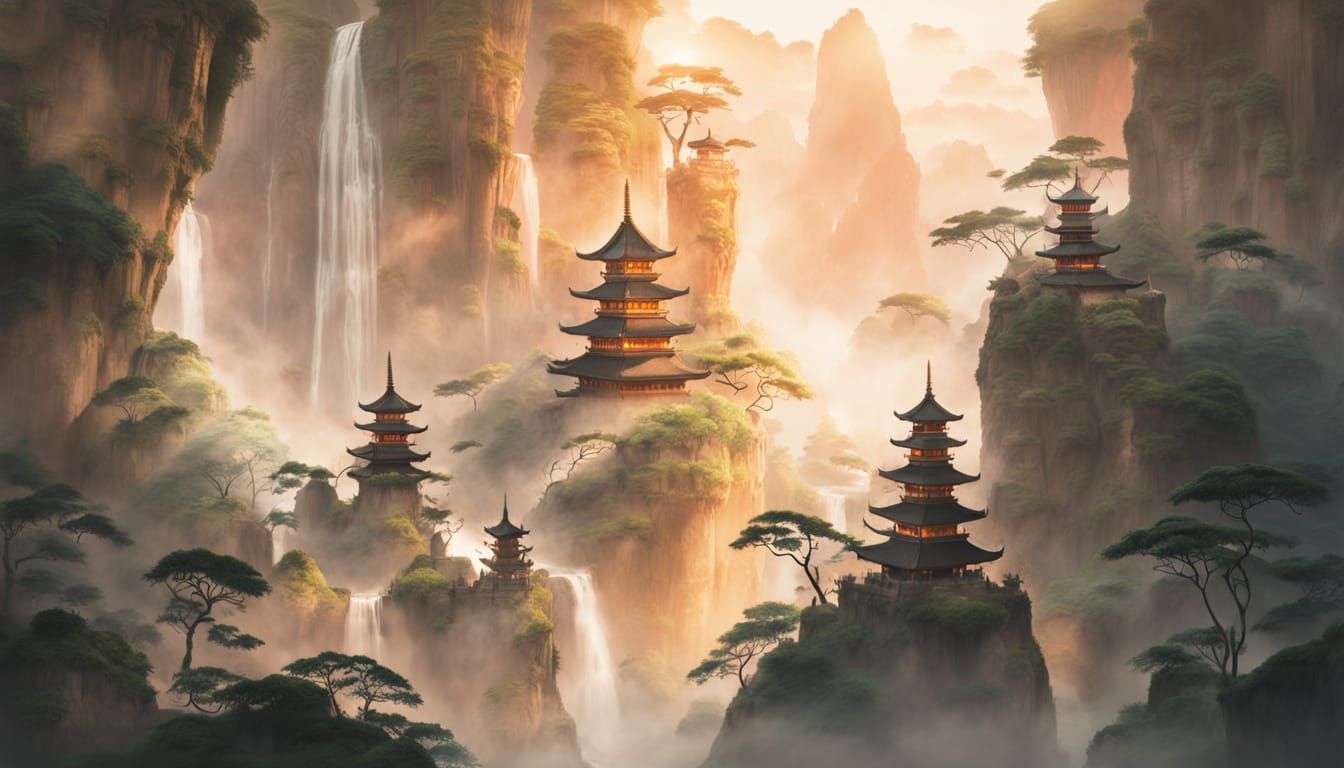 Whimsical Pagodas in a Dreamlike Landscape