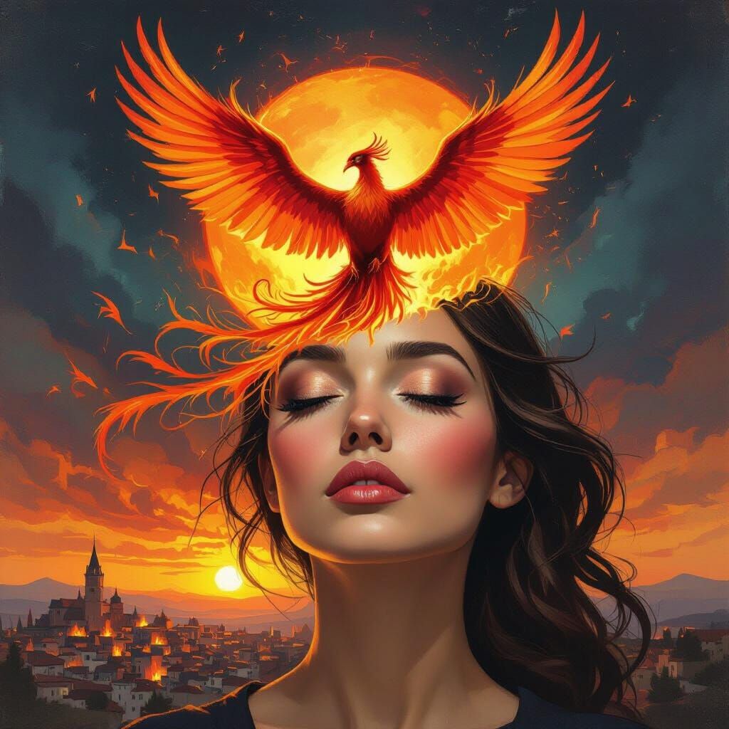 Phoenix Rises From Woman's Face Over Burning Town