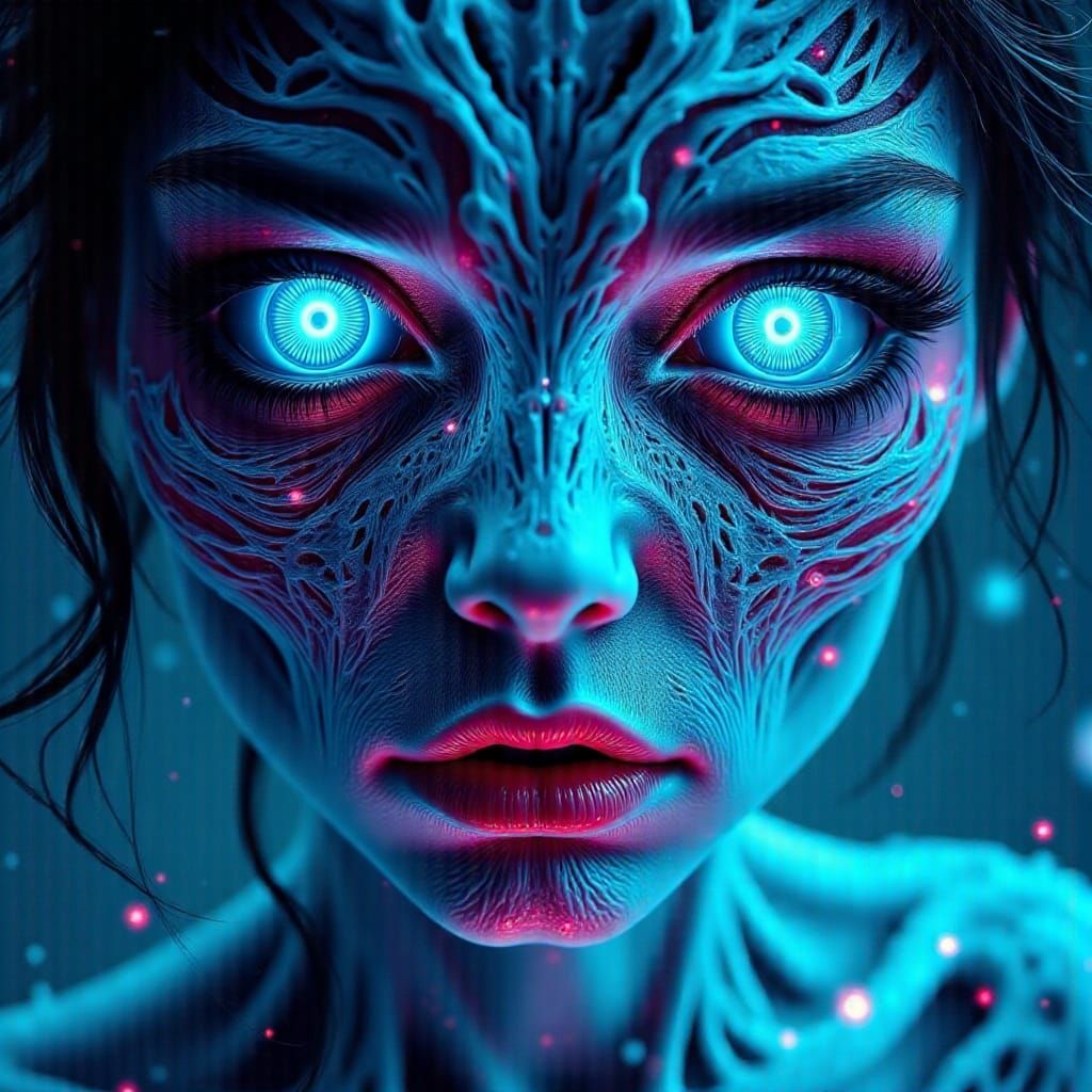 Glitching Digital Goddess in Icy Blues and Purples