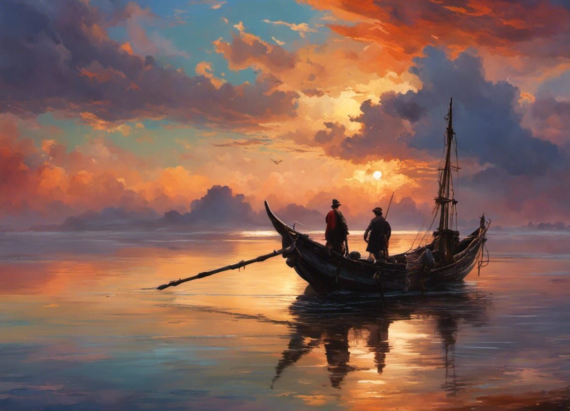 Picturesque Sunrise Sky Over Calm Sea, Detailed Illustration