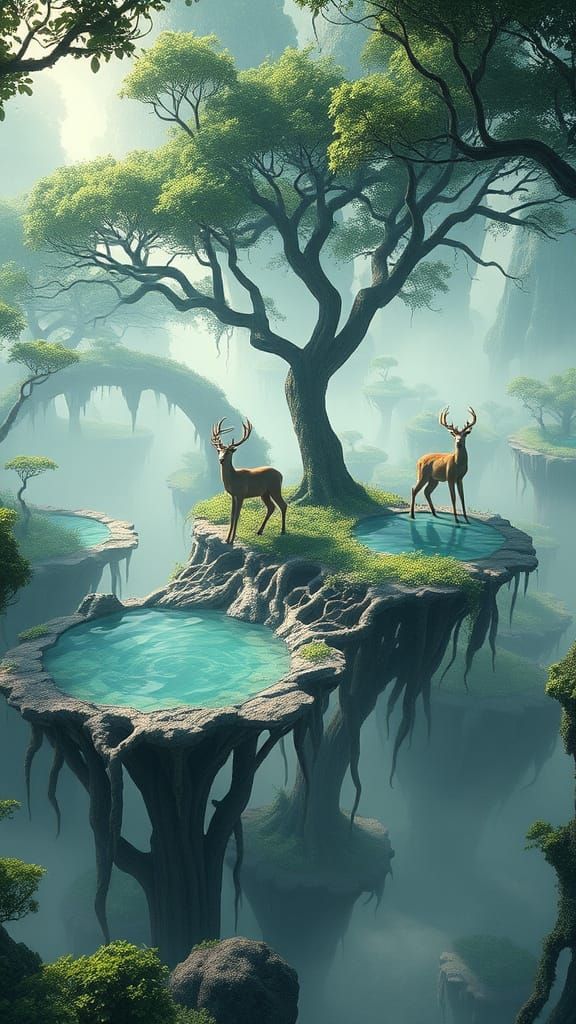 Surreal Floating Jungle Reef with Six-Legged Deer
