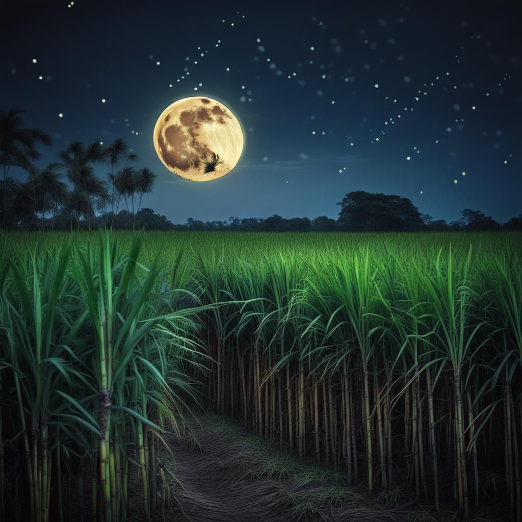 Fireflies and Moon Over Sugar Cane Field