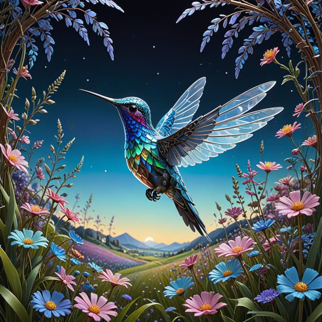 Whimsical Mechanical Hummingbird in a Field of Luminous Crys...