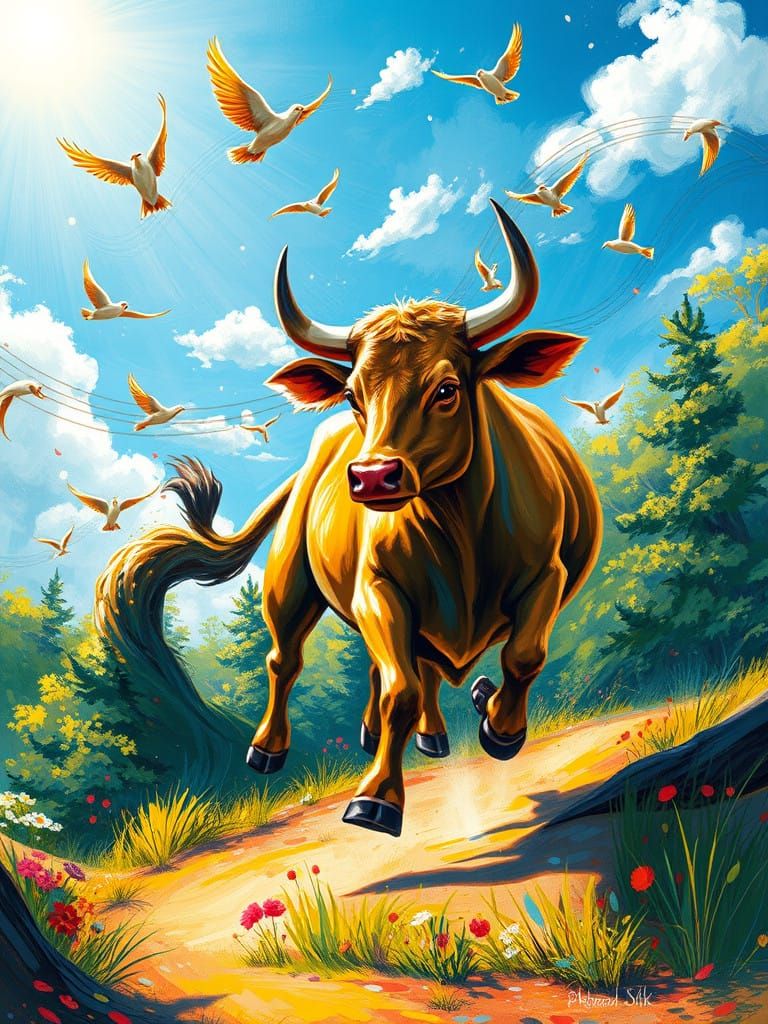 Vibrant Neo-Expressionist Bull in Whimsical Dreamscape