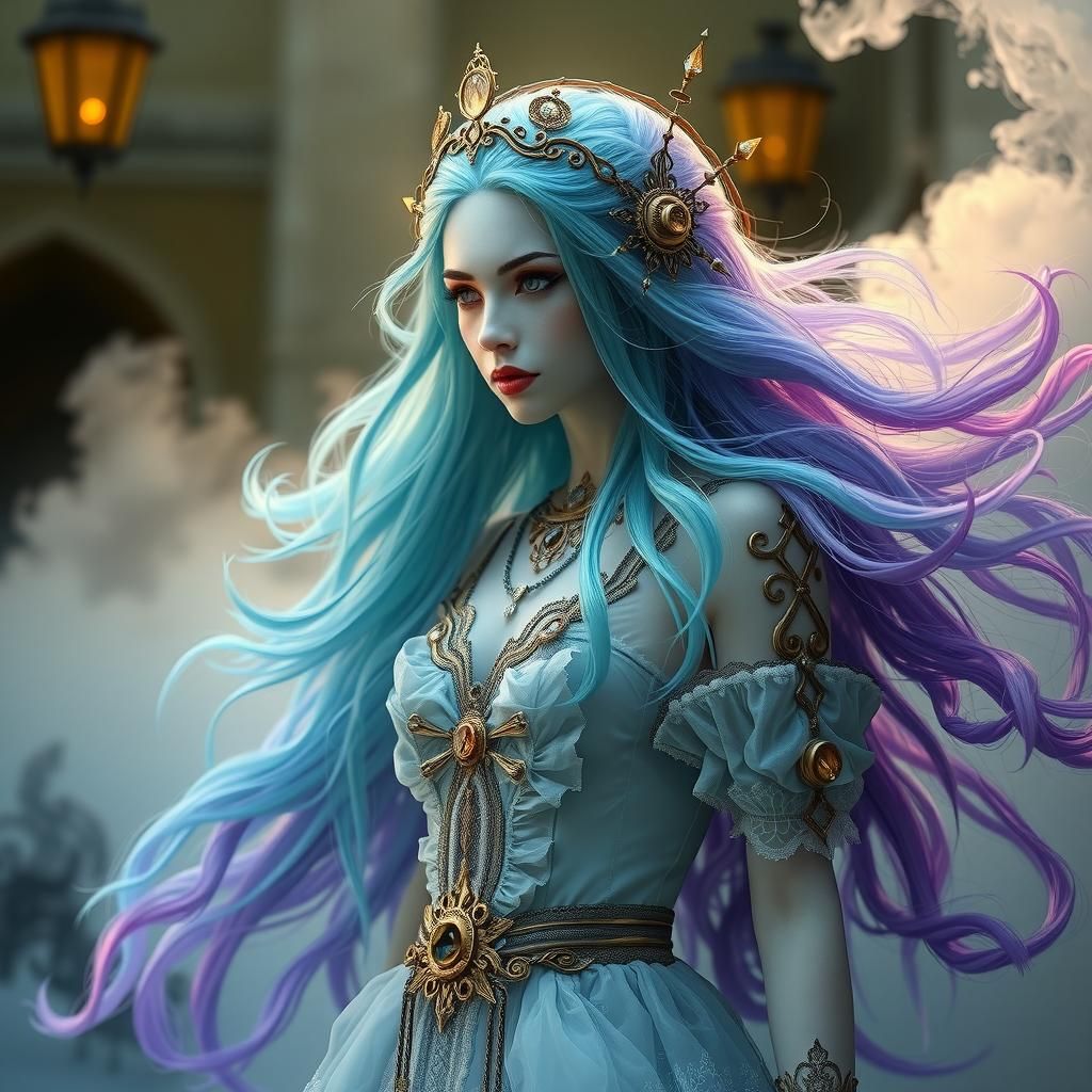 Ethereal Steampunk Beauty in Dreamlike Scene
