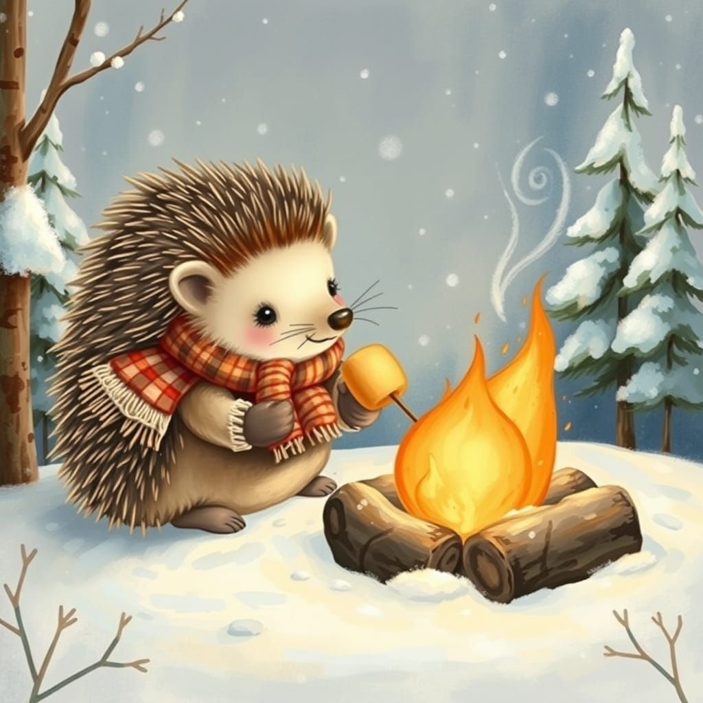 Cozy Hedgehog Roasts Marshmallow by Winter Campfire