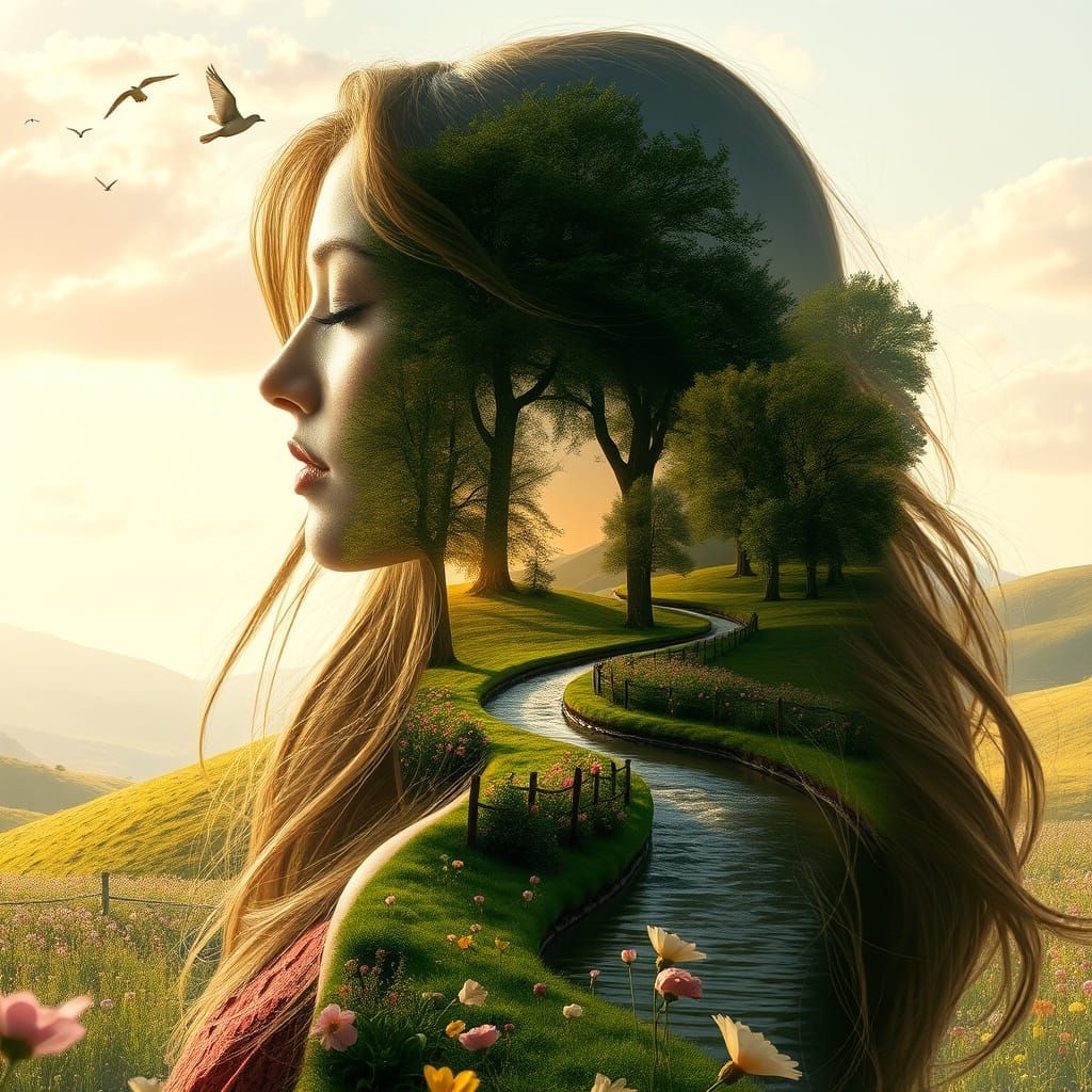 Serene Spring Goddess in Dreamlike Landscape