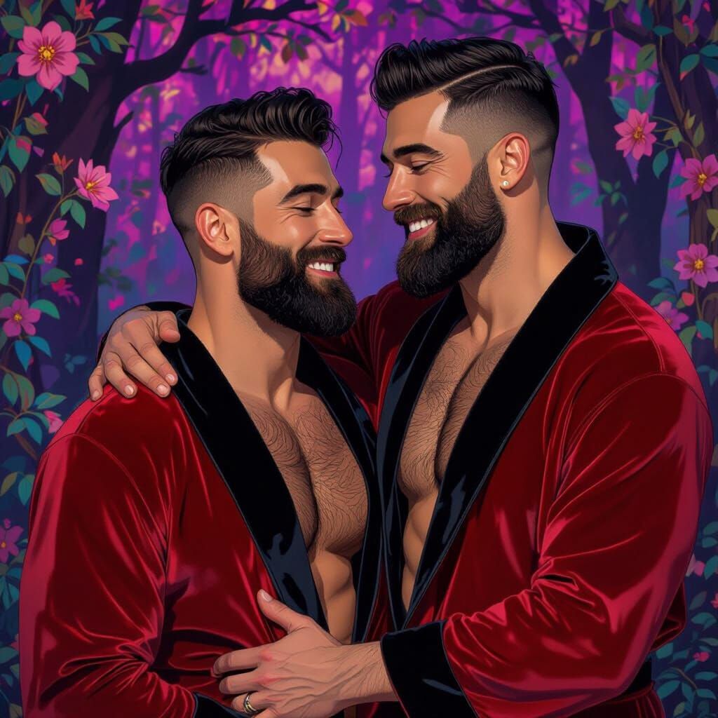 Muscular Men in Velvet Robes, Alcohol Ink Art Nouveau Style
