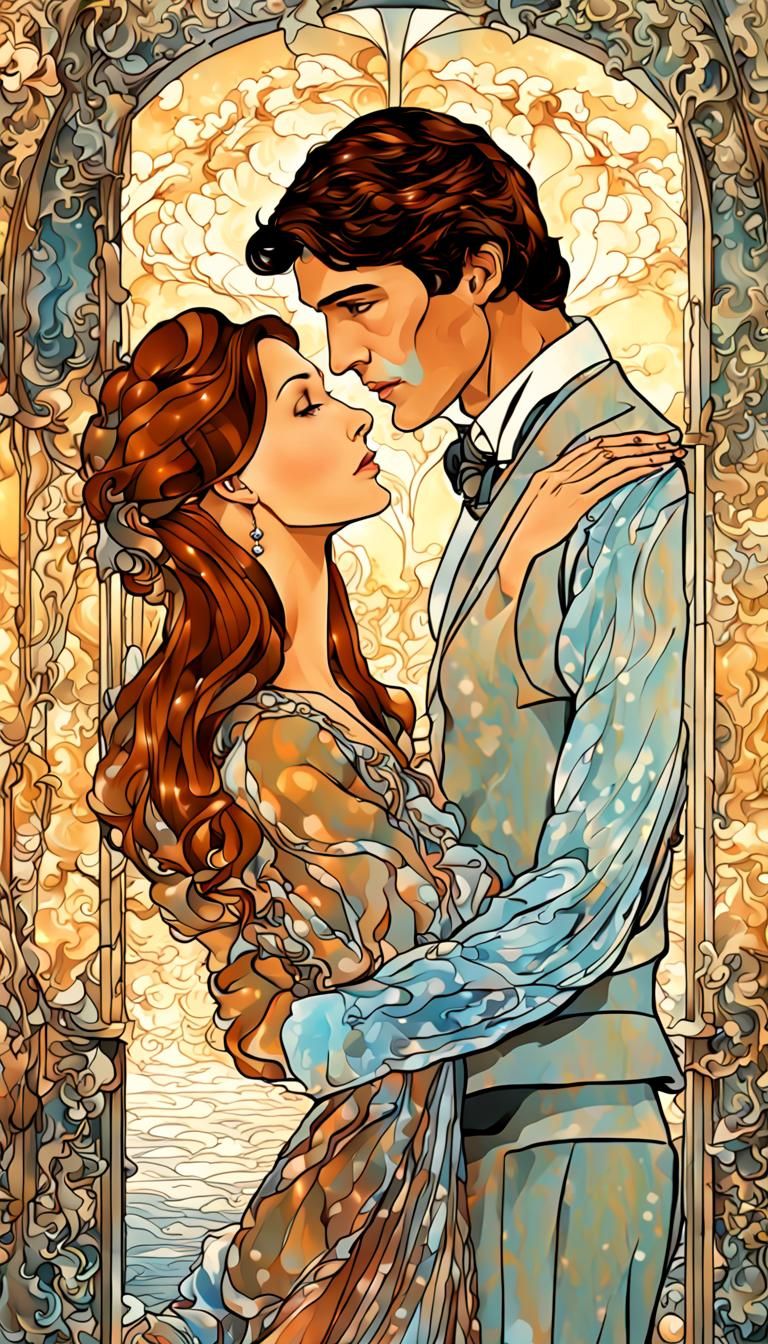 Romantic Embrace in Art Nouveau Style