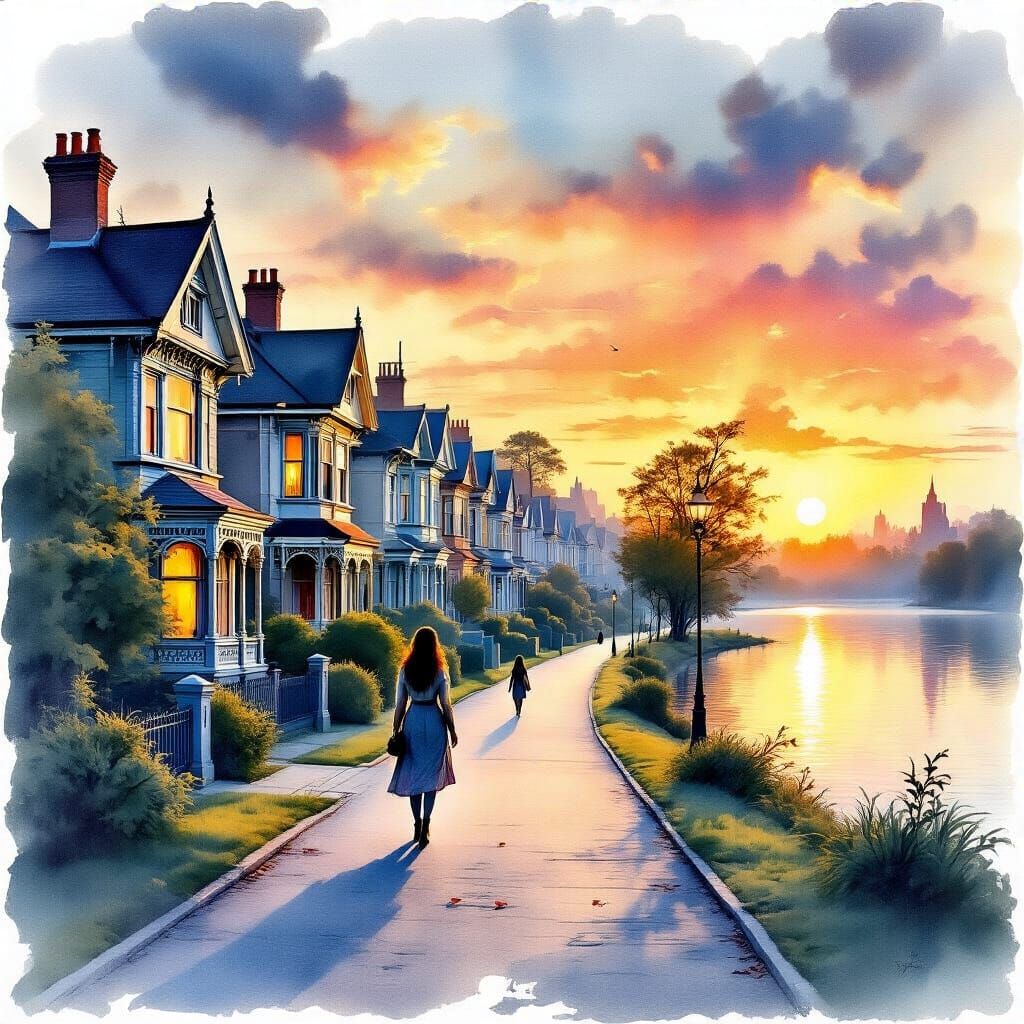 Victorian Homes and Lake at Sunrise