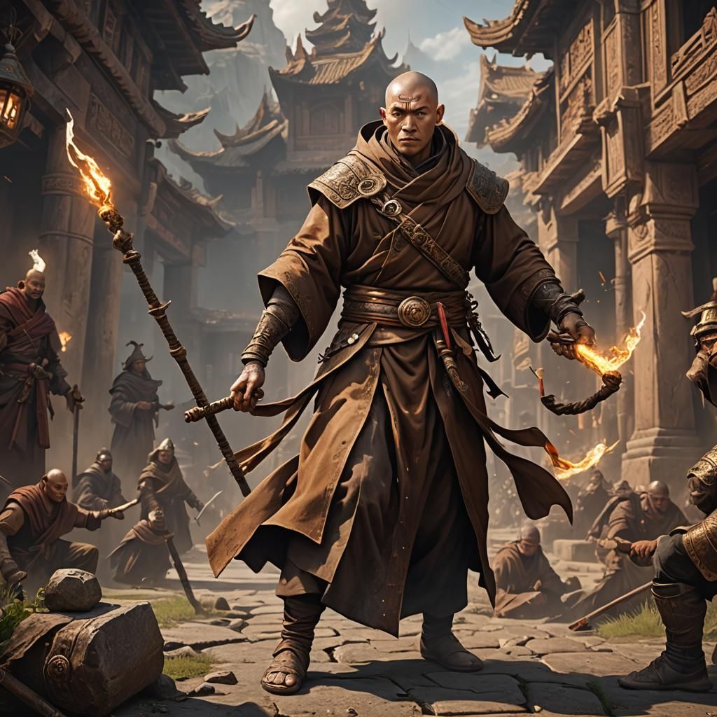 Warrior Monk with Staff: Detailed Fantasy Art