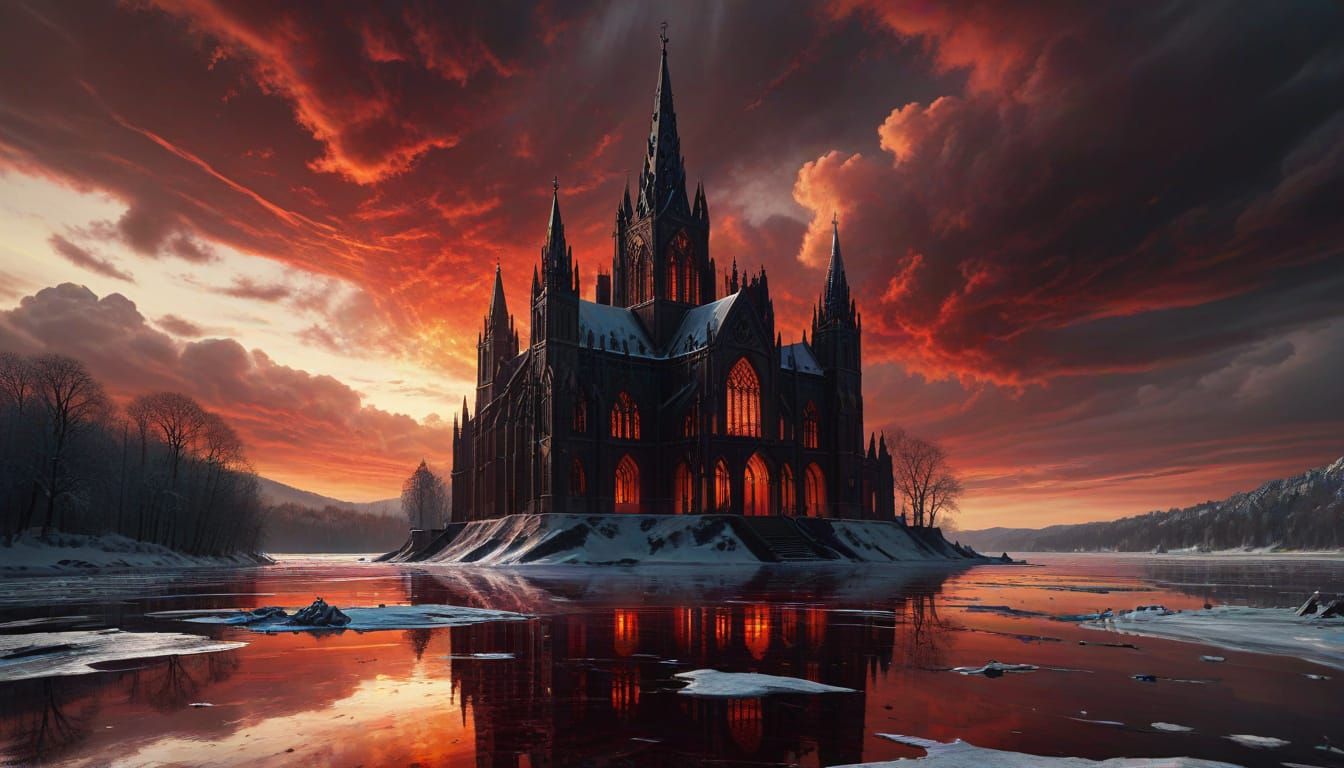 Gothic Cathedral on Frozen Lake: Dark Fantasy Oil Painting