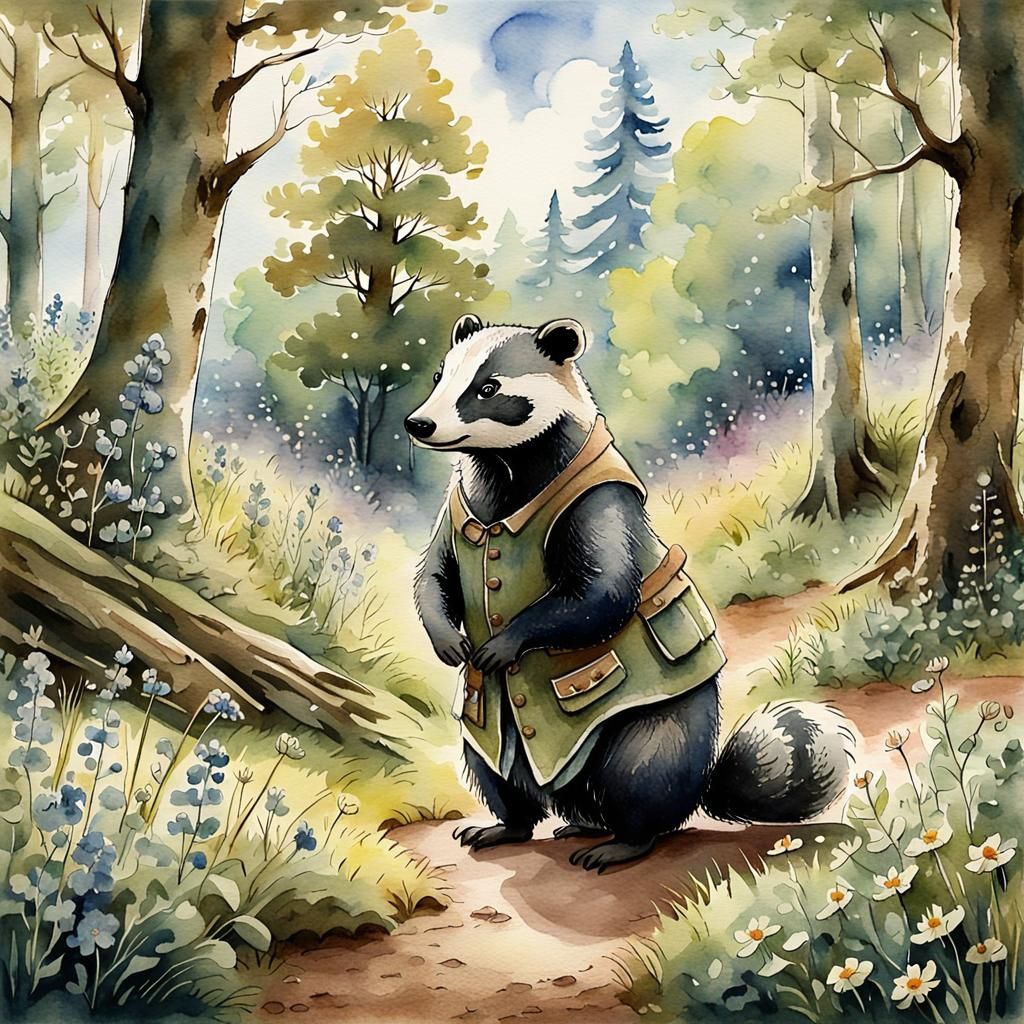 Badger in Sunny Glade, Beatrix Potter Style