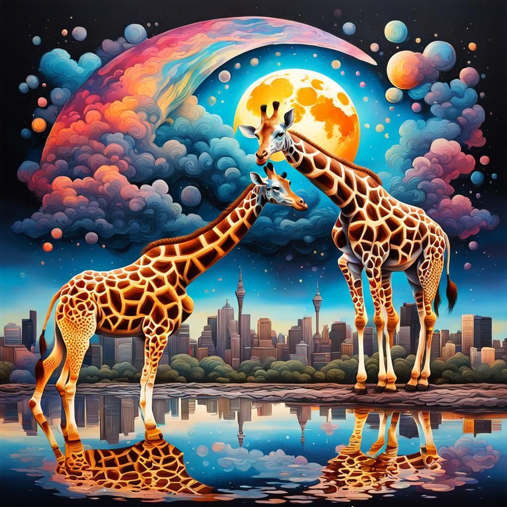 Polychromatic Crescent Moon Giraffe Graffiti Art
