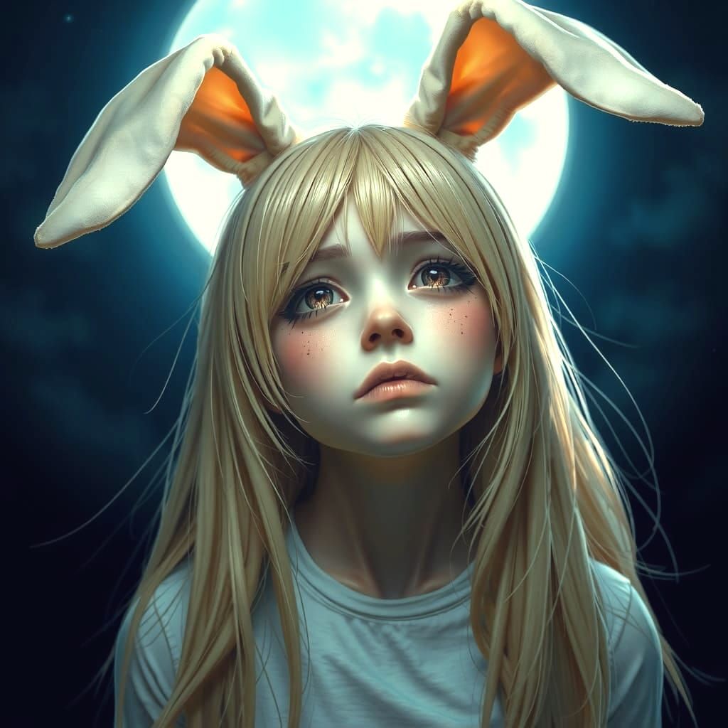 Sad Rabbit Woman Begging in Moonlight