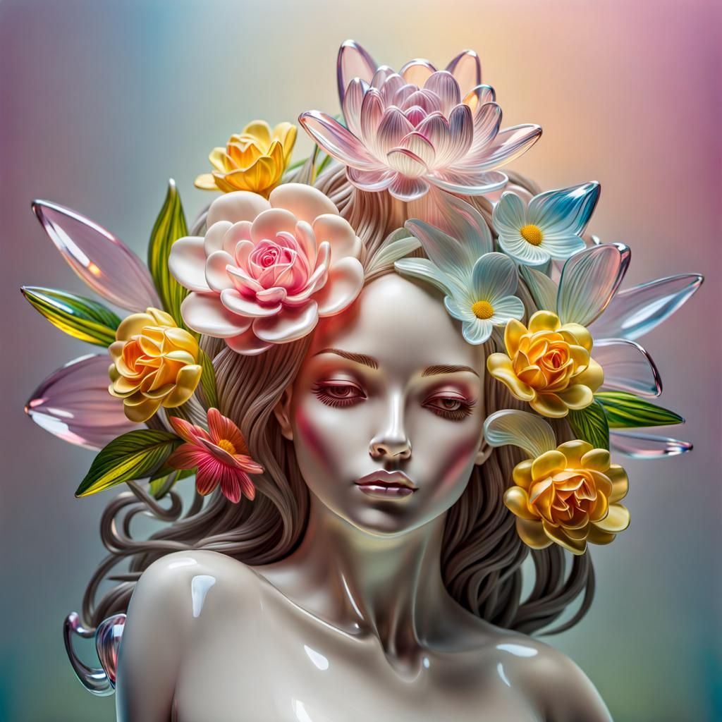 Glass Woman with Flowers: Hyperrealistic Transparency