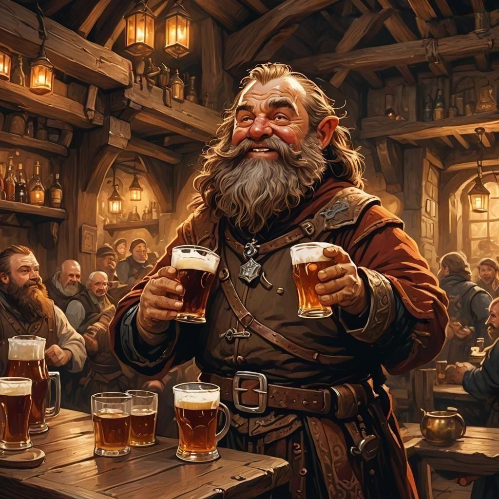 Dwarf Cleric Enjoying Ale in Bustling Tavern