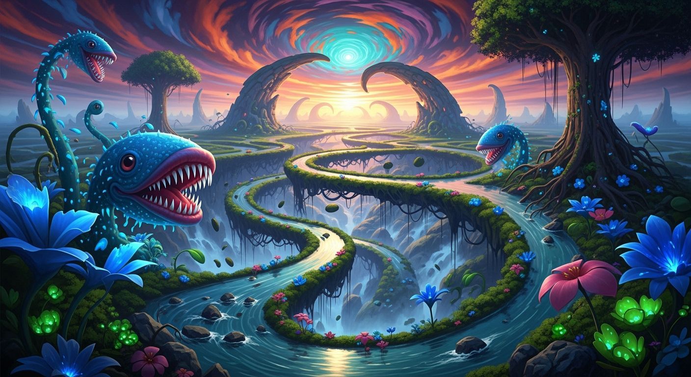 Surreal River World with Bioluminescent Flora