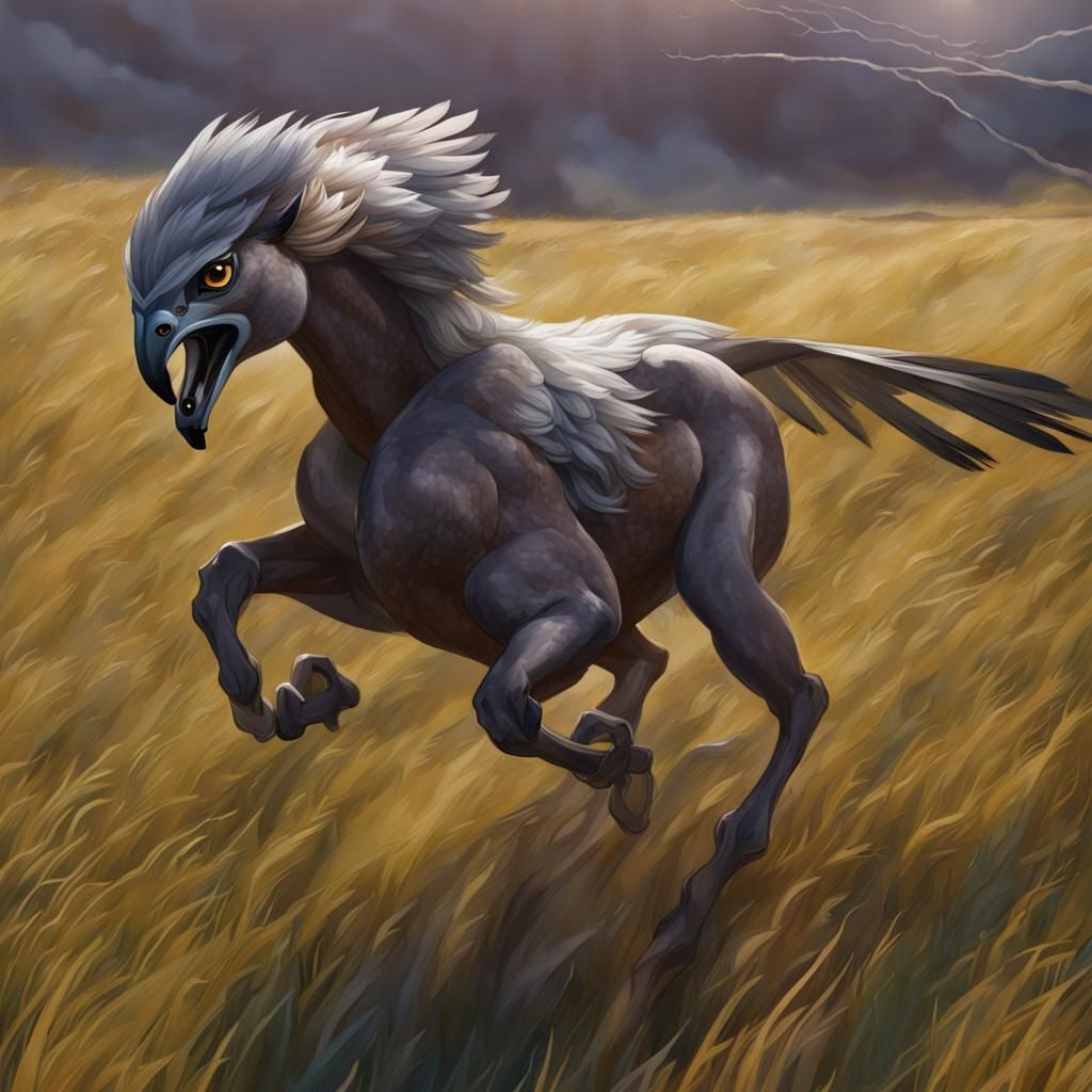Falcon-Centaur Galloping Across Grasslands: Aerial View