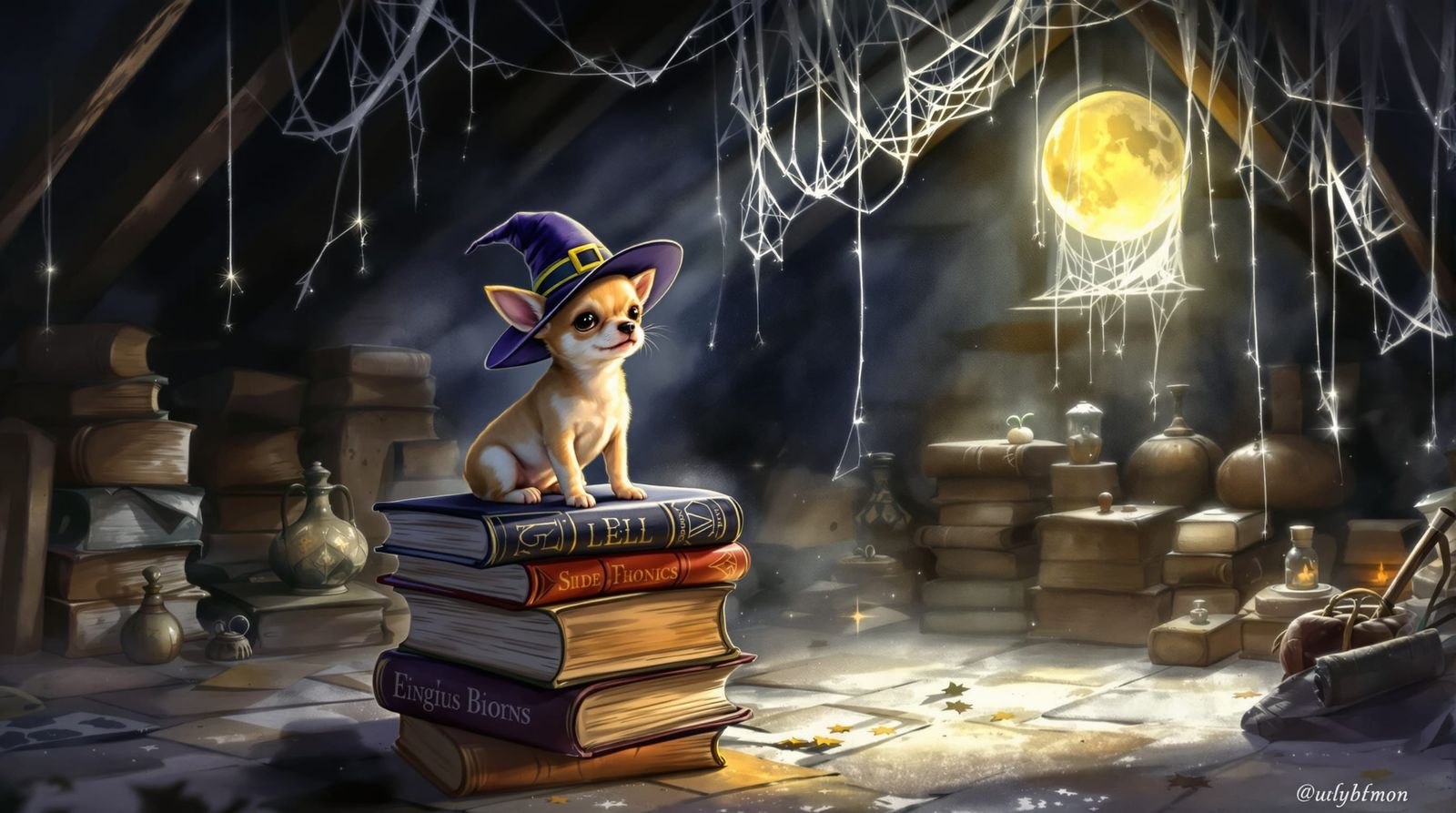 Chihuahua Witch Puppy on Spellbooks in Dusty Attic