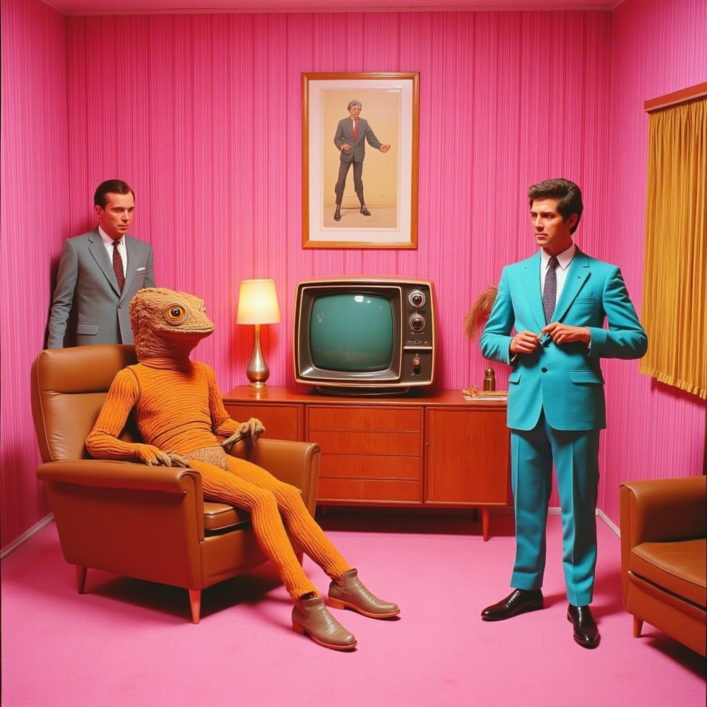 Surreal Retro Scene with Reptilian Creature and Mid-Century ...