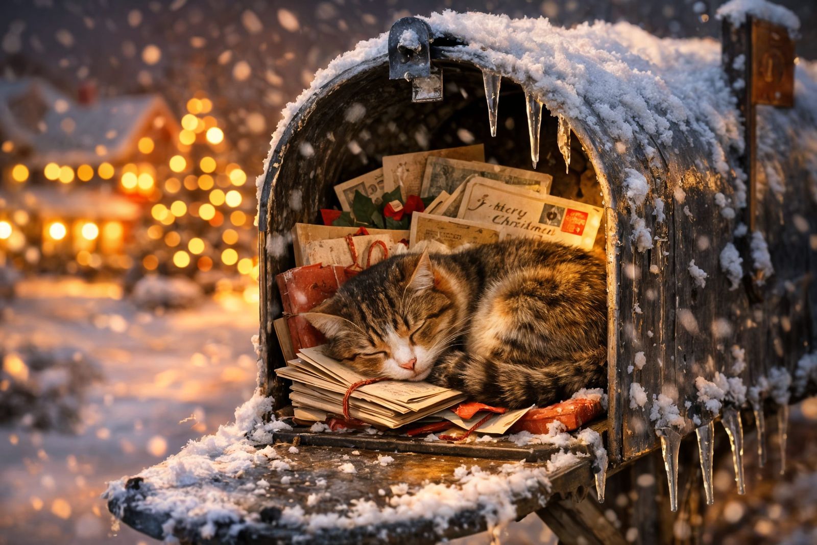 Cozy Snow-Covered Mailbox with Sleeping Cat and Christmas Le...