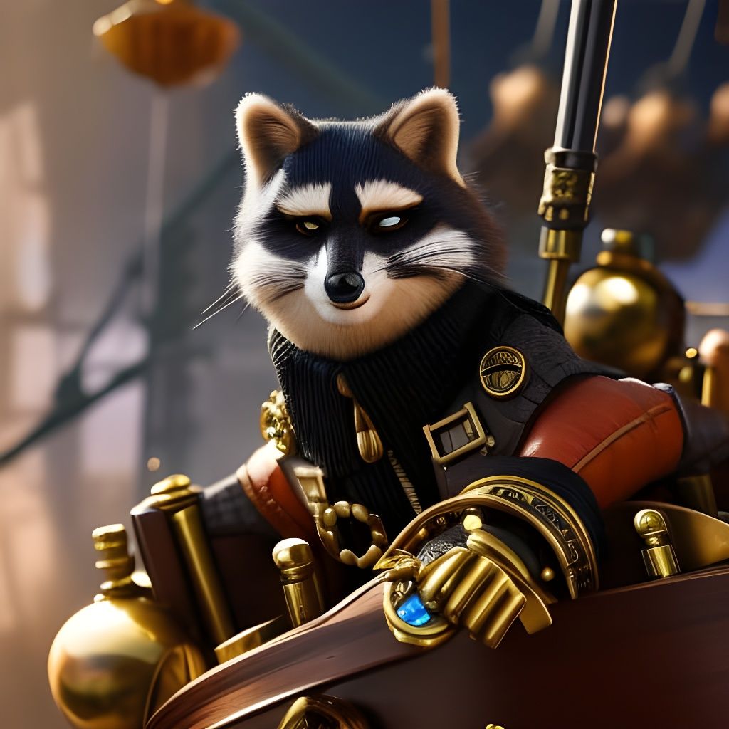 Raccoon Steampunk Pirate Ship Captain, Digital Art