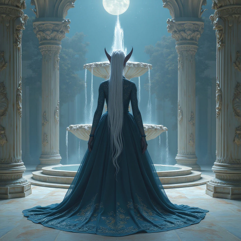 Tiefling in Moonlit Courtyard: Fantasy Concept Art