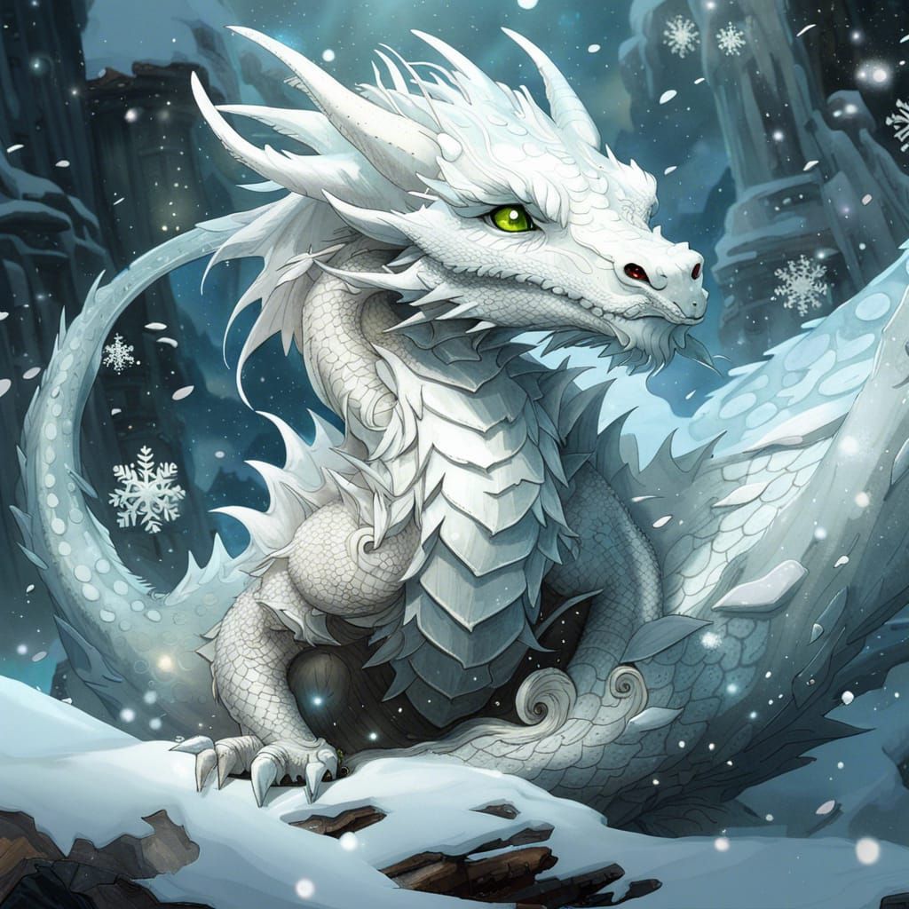 Adorable White Snow Dragon in Fantasycore Style