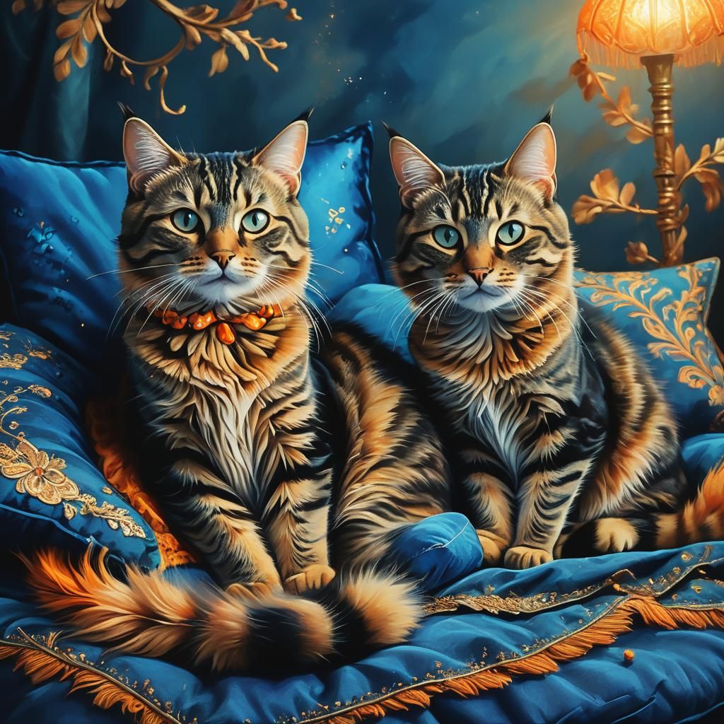 Two Tabby Cats on Blue Pillow: Matte Painting