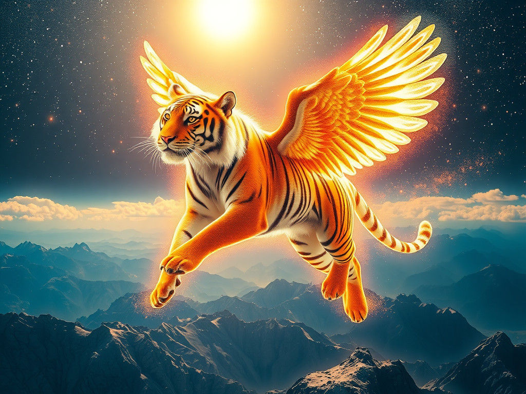 Winged Tiger Soaring Over Crystal Mountains
