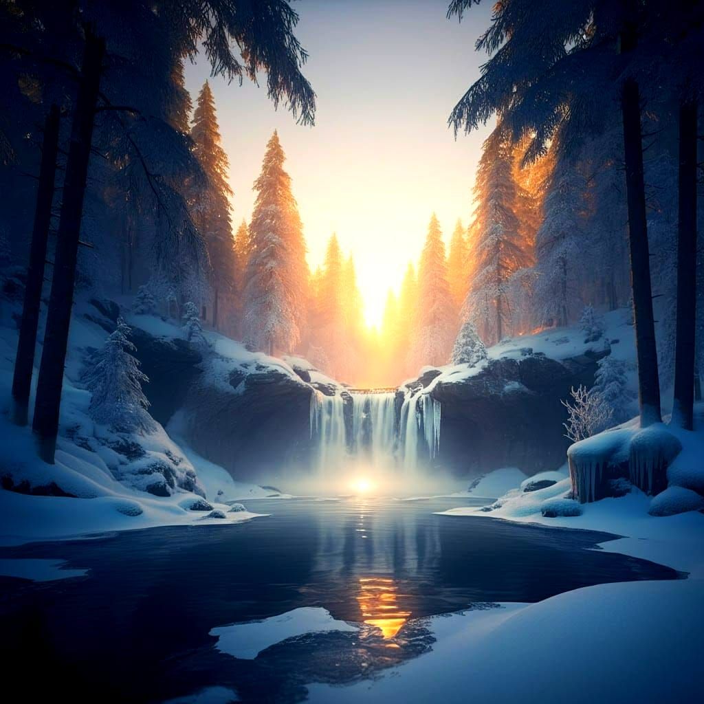 Photorealistic Ice Waterfall at Golden Hour