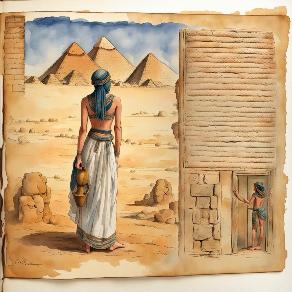 Egyptian Woman Filling Jar: Watercolor and Ink Art