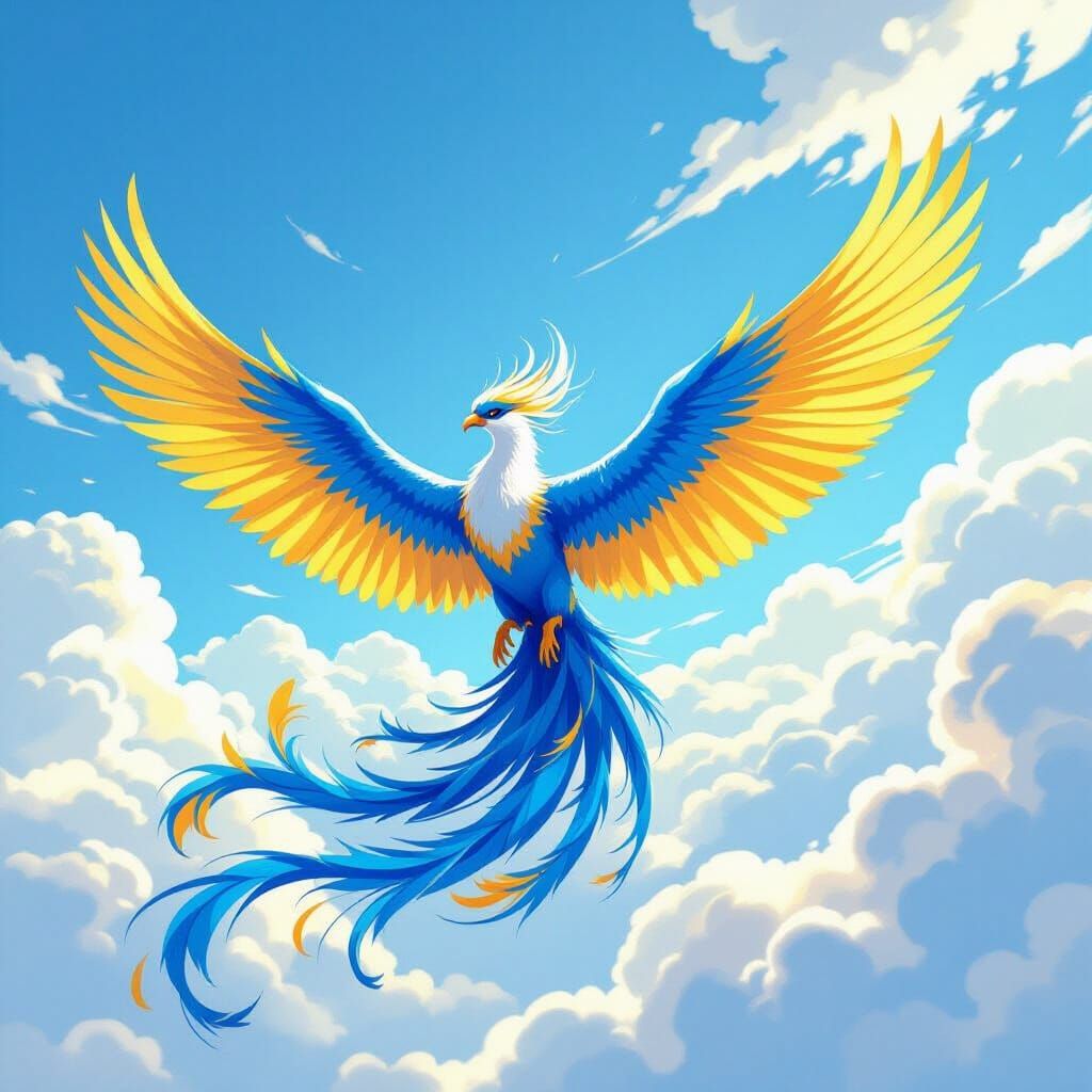 Blue and Yellow Phoenix Soaring Skyward