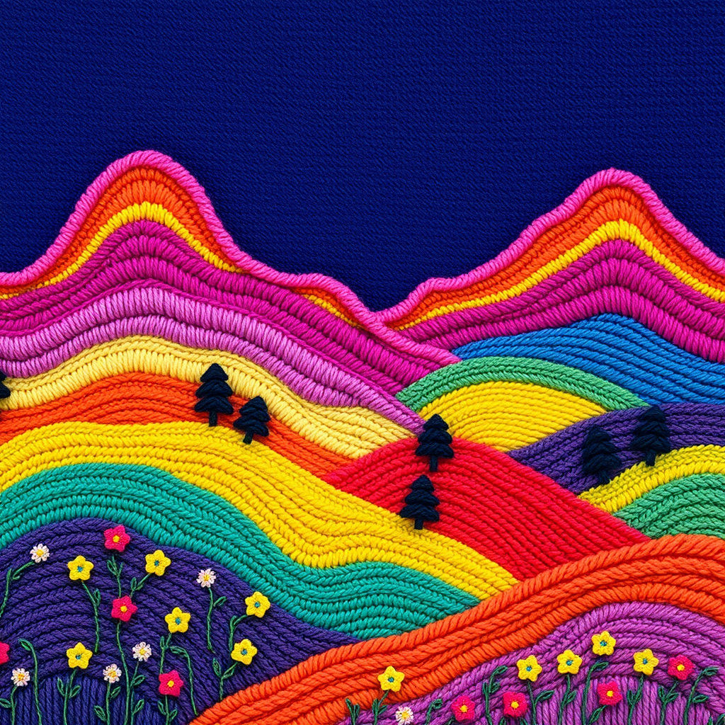 Vibrant Embroidered Landscape Textile Artwork