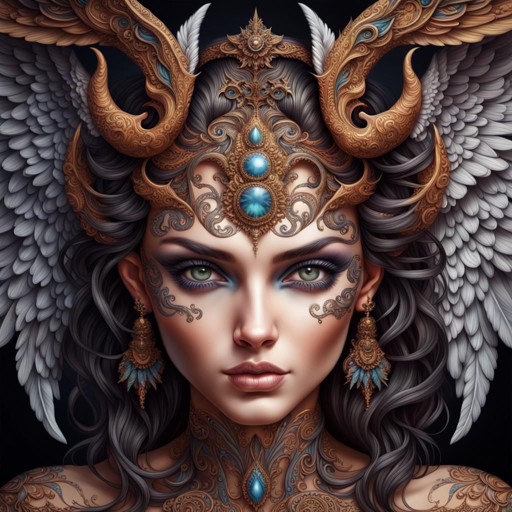 Angelic Devil Woman in Hyperdetailed Airbrush Art