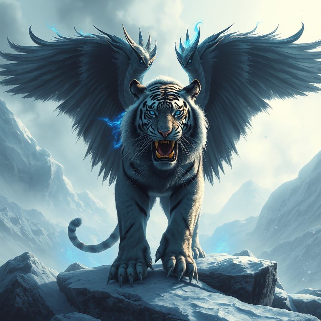 Winged Tiger Breathing Fire in Atmospheric Realism